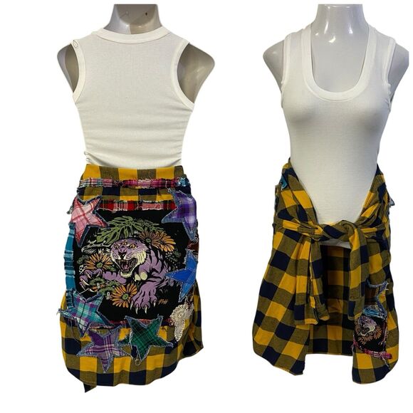 Flannel Shirt Women Large Yellow Tiger Grunge Camp Rock Country Upcycled Crochet - Picture 3 of 16